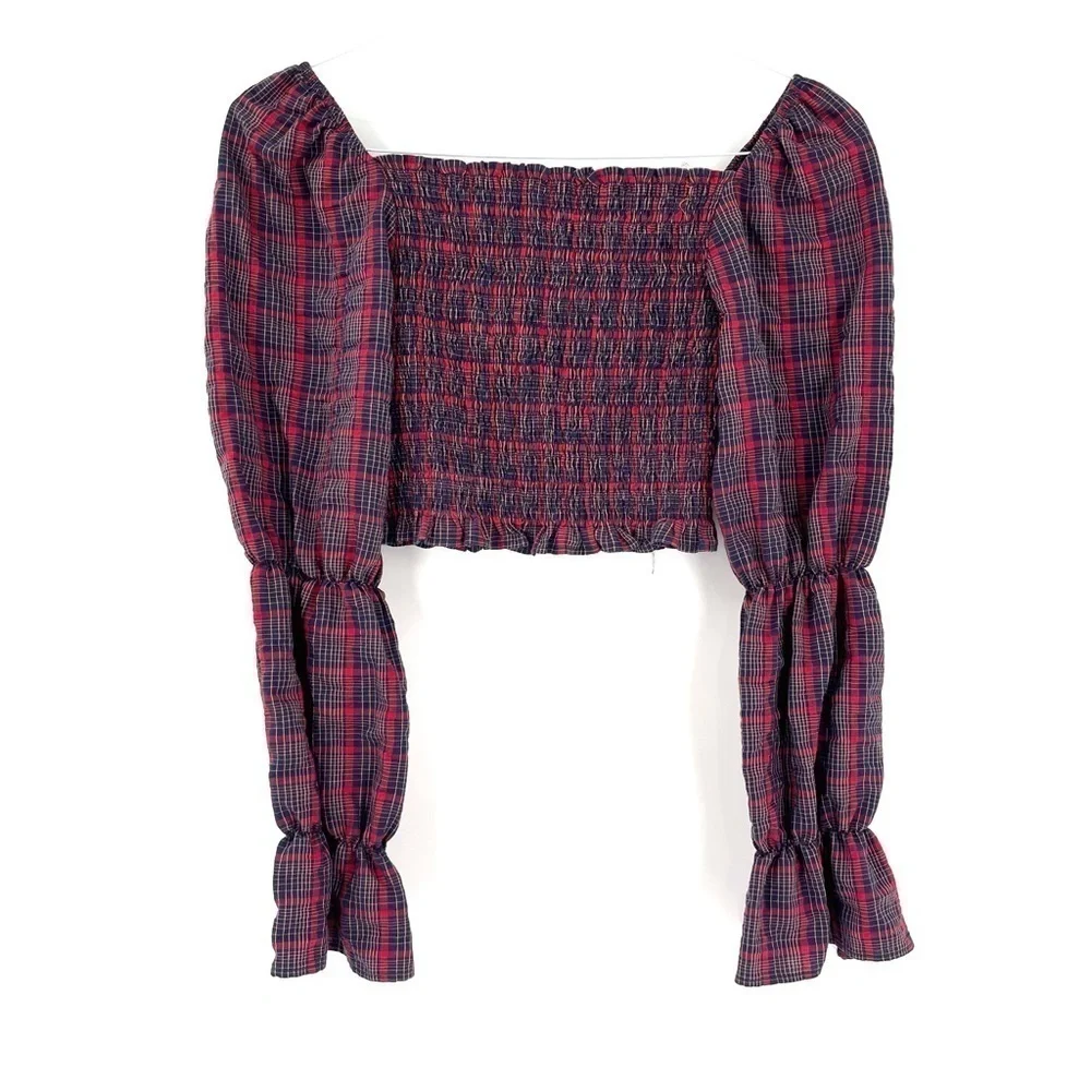 ZARA Plaid Cropped Long Sleeve Blouse Top - Picture 2 of 6